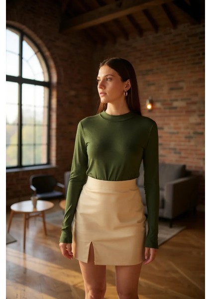 Kadın Haki Yeşili Parmak Detaylı Esnek Uzun Kollu Body modelleri
