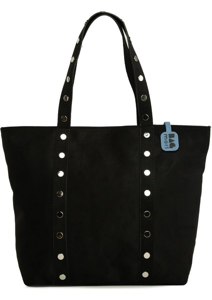 Siyah Trok Detaylı Süet Büyük Tote Çanta