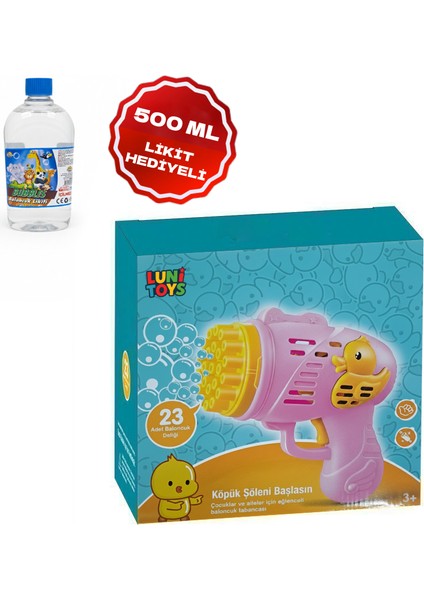 Çok Delikli Pilli Köpük Atan Tabanca Oyuncağı 23 Delikli Bubble Gun Pembe 500 ml Likit Hediyeli