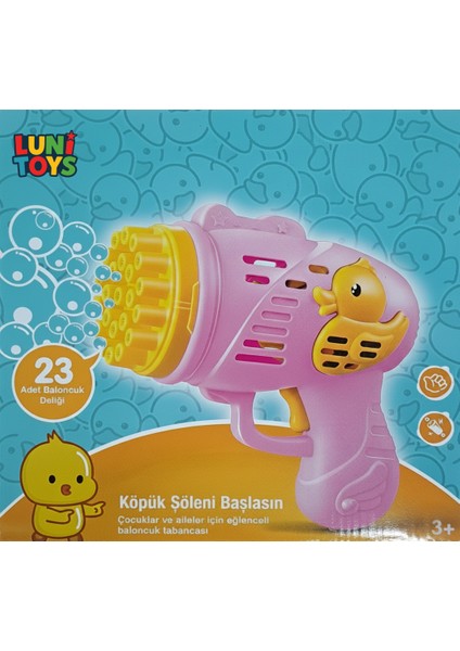 Çok Delikli Pilli Köpük Atan Tabanca Oyuncağı 23 Delikli Bubble Gun Pembe 500 ml Likit Hediyeli