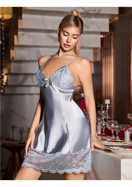 Arias Closet Vizon Dantel Detaylı Ince Askılı Saten Kısa Fantezi Gecelik