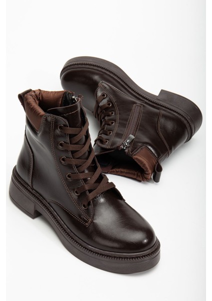 Kadın Kahverengi Cilt Bağcık ve Fermuarlı Postal Bot