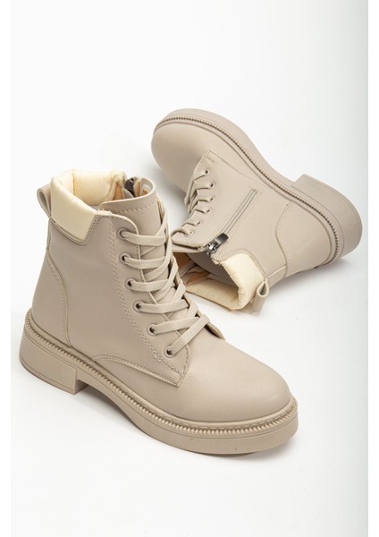Kadın Bej Cilt Bağcık ve Fermuarlı Postal Bot