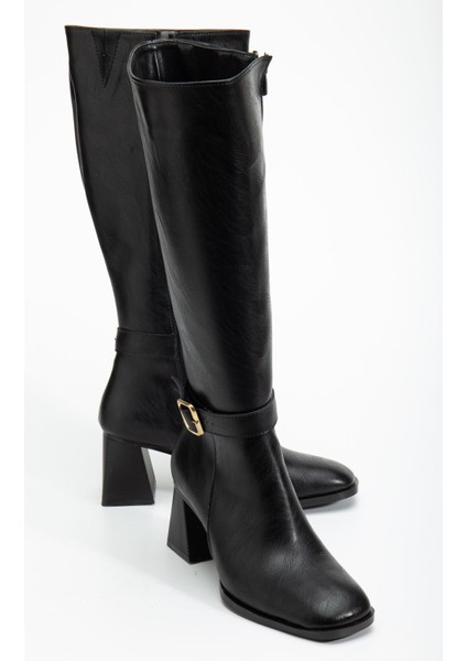 Kadın Siyah Cilt Küt Burun Diz Altı Topuklu Çizme fiyatları