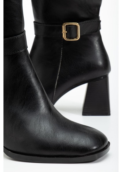 Kadın Siyah Cilt Küt Burun Diz Altı Topuklu Çizme modelleri