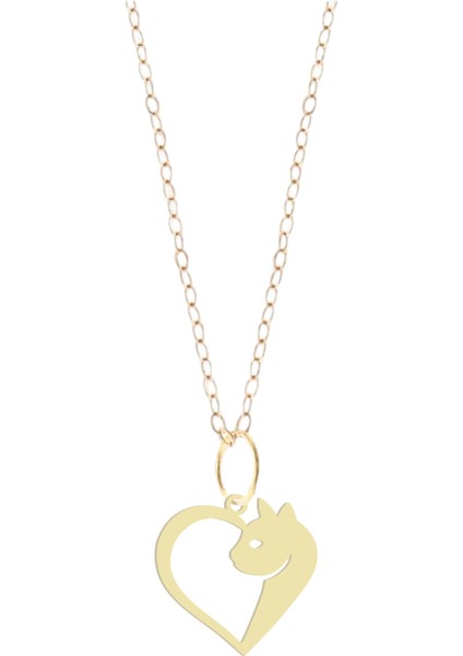 14 Ayar Altın Plakalı Kedi ve Kalp Figürlü Sevgililer Günü Hediyesine Özel Altın KOLYE-824