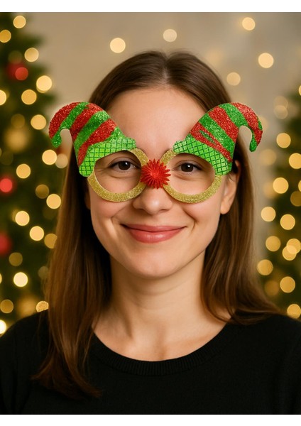 Yılbaşı Elf Şapkalı Parti Gözlüğü – Kırmızı Yeşil Simli Noel Aksesuarı