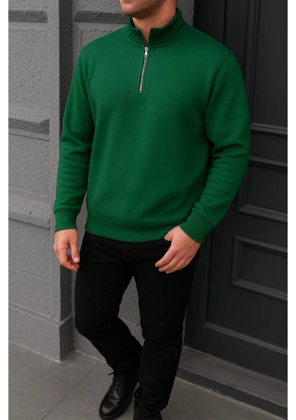 Erkek Kışlık Basic Yeşil Fermuarlı Sweatshirt fiyatları