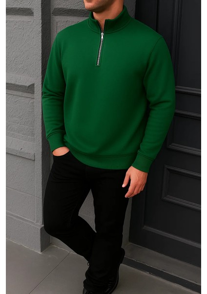 Erkek Kışlık Basic Yeşil Fermuarlı Sweatshirt modelleri