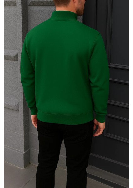 Erkek Kışlık Basic Yeşil Fermuarlı Sweatshirt indirimleri