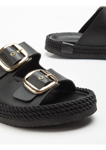 Kadın Siyah Günlük Çift Tokalı Rahat Taban Hasır Sandalet Terlik