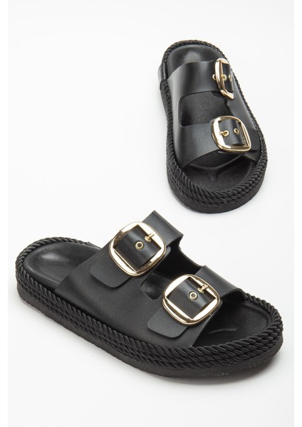 Kadın Siyah Günlük Çift Tokalı Rahat Taban Hasır Sandalet Terlik fiyatları