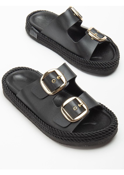 Kadın Siyah Günlük Çift Tokalı Rahat Taban Hasır Sandalet Terlik modelleri