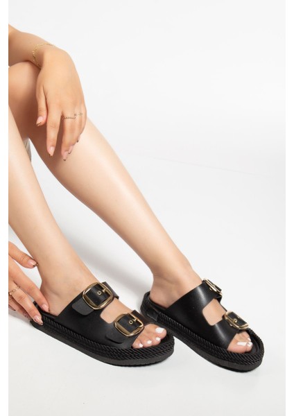 Kadın Siyah Günlük Çift Tokalı Rahat Taban Hasır Sandalet Terlik fırsatları