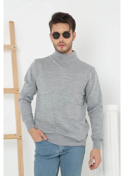 Erkek Yarım Boğaz Triko Kazak Yumuşak Dokulu Pamuklu Ince Dokuma, Uzun Kollu Rahat Regular Kalıp - Gri