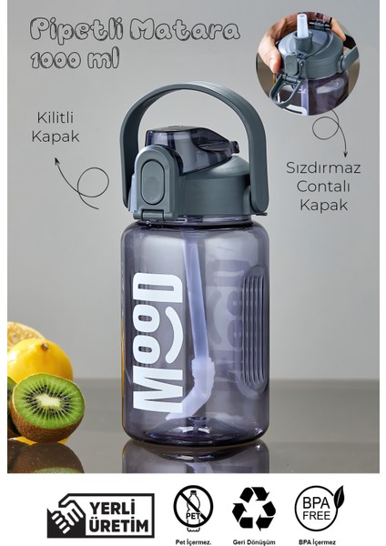 Spor Matarası Suluk - 1000 ml Pipetli , Kilitli Kapak, Su Sızdırmaz Tasarım - Gri