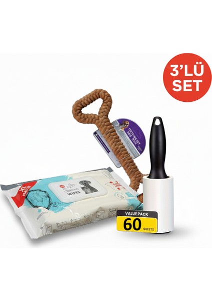 Evcil Hayvan Bakım Seti 3’lü – Islak Mendili + Dayanıklı Köpek Kemiği + Tüy Toplama Rulosu (60'lı)