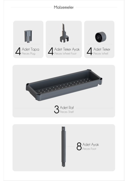Tekerlekli Dikdörtgen 3 Katlı Raf Ünitesi – Banyo & Mutfak Düzenleyici Organizer