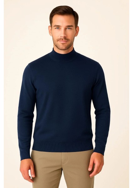 Erkek Yarım Boğaz Triko Kazak Yumuşak Dokulu Pamuklu Ince Dokuma, Uzun Kollu Rahat Regular Kalıp - Lacivert