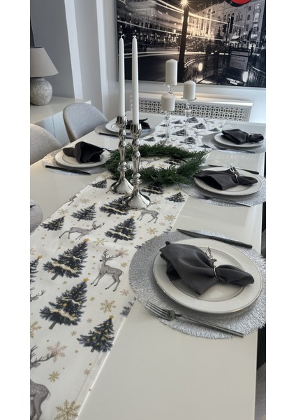 Yeni Yıl Temalı Ceylan Desenli Beyaz Gri Gold Yılbaşı Runner (Peçete Dahil Değil) modelleri