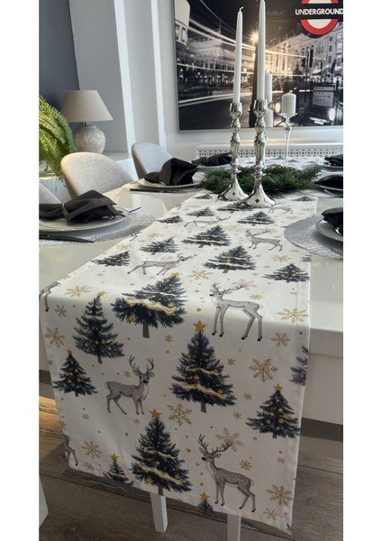 Yeni Yıl Temalı Ceylan Desenli Beyaz Gri Gold Yılbaşı Runner (Peçete Dahil Değil) fırsatları