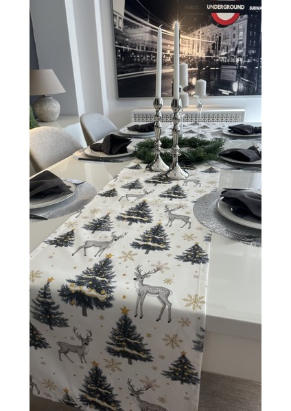 Yeni Yıl Temalı Ceylan Desenli Beyaz Gri Gold Yılbaşı Runner (Peçete Dahil Değil) indirimleri