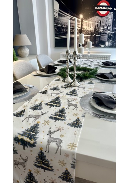 Yeni Yıl Temalı Ceylan Desenli Beyaz Gri Gold Yılbaşı Runner (Peçete Dahil Değil)