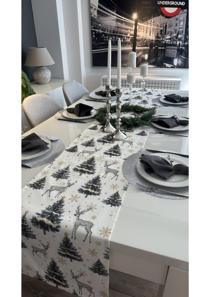 Yeni Yıl Temalı Ceylan Desenli Beyaz Gri Gold Yılbaşı Runner (Peçete Dahil Değil)