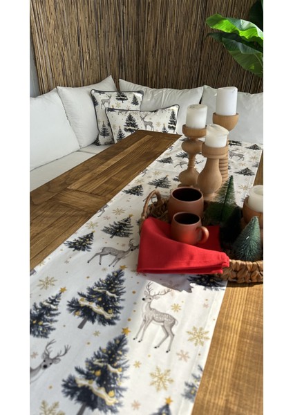 Yeni Yıl Temalı Ceylan Desenli Beyaz Gri Gold Yılbaşı Runner (Peçete Dahil Değil)