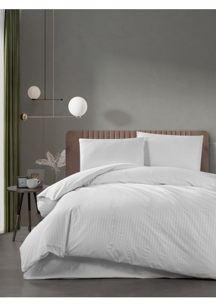 Pamuklu Çizgili Saten Çift Kişilik Çarşaflı Nevresim Takımı | Nevresim 200X220 | Lastikli Çarşaf 160x200 Cm