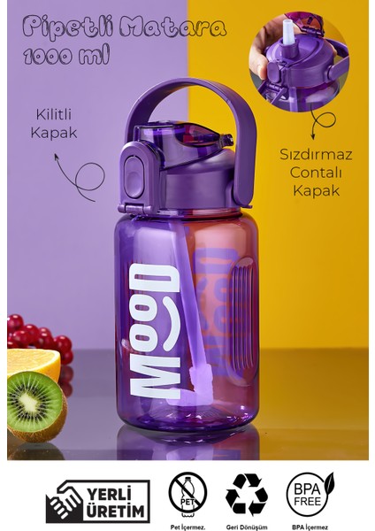 Spor Matarası Suluk - 1000 ml Pipetli , Kilitli Kapak, Su Sızdırmaz Tasarım - Mor