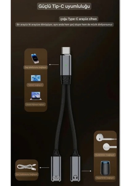 2'si 1 Arada Type-C To Type-C+100W Şarj ve Kulaklık Çevirici Adaptör Hi-Fi Ses Teknolojisi Ce Lisanslı Sertifikalı Örgülü Sağlam Orjinal modelleri