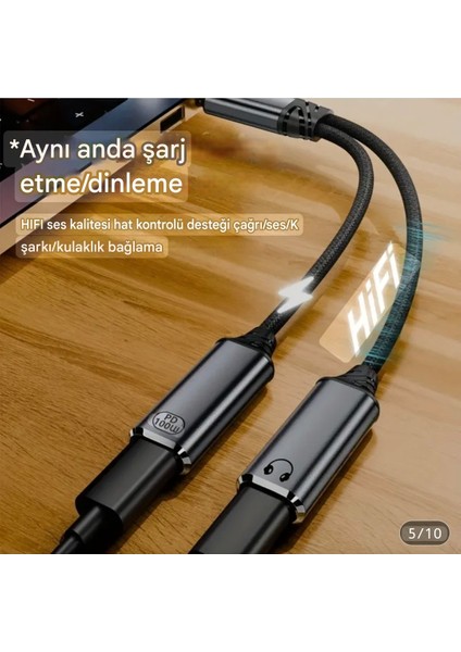 2'si 1 Arada Type-C To Type-C+100W Şarj ve Kulaklık Çevirici Adaptör Hi-Fi Ses Teknolojisi Ce Lisanslı Sertifikalı Örgülü Sağlam Orjinal