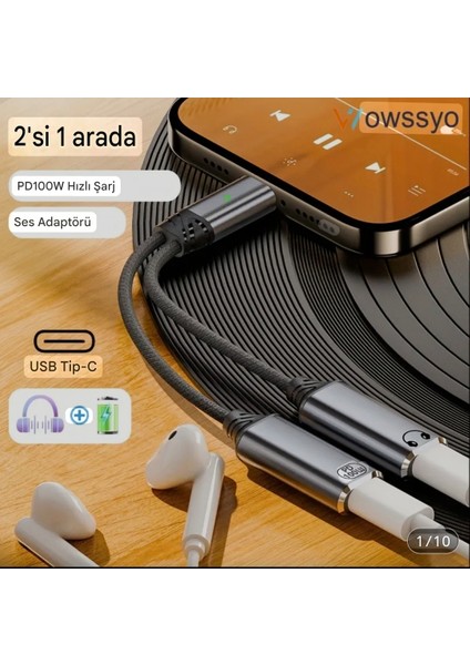 2'si 1 Arada Type-C To Type-C+100W Şarj ve Kulaklık Çevirici Adaptör Hi-Fi Ses Teknolojisi Ce Lisanslı Sertifikalı Örgülü Sağlam Orjinal