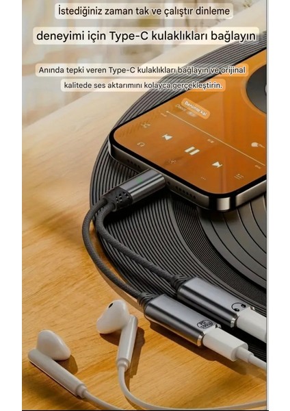 2'si 1 Arada Type-C To Type-C+100W Şarj ve Kulaklık Çevirici Adaptör Hi-Fi Ses Teknolojisi Ce Lisanslı Sertifikalı Örgülü Sağlam Orjinal