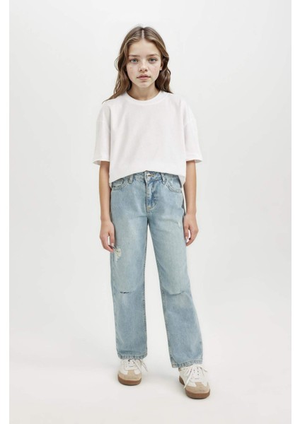 Kız Çocuk Straight Fit Yırtık Detaylı Düz Paça Cepli Jean Pantolon D3370A824WN