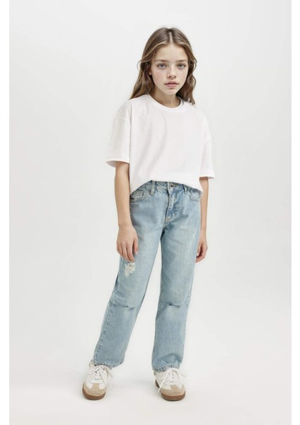 Kız Çocuk Straight Fit Yırtık Detaylı Düz Paça Cepli Jean Pantolon D3370A824WN