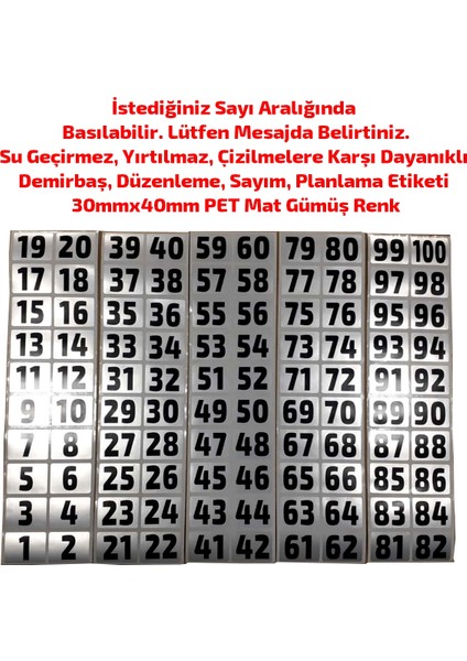 Sayı Etiketi Su Geçirmez Yırtılmaz Demirbaş Etiketi 1'den 100'E Kadar 30MMX40MM 100 Adet