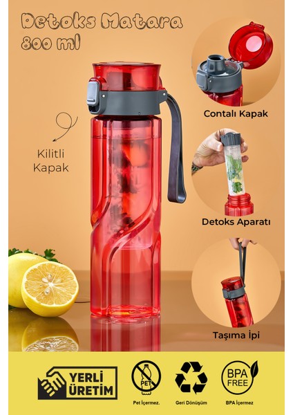 800 ml Detoks Su Matarası Suluk – Pipetli , Bpa’sız, Kilitli ve Sızdırmaz Kapak - Kırmızı