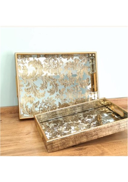 Ahşap Kenarlı Desenli Ikili Servis Tepsi Seti