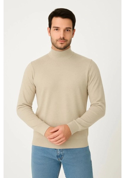 Erkek Yarım Boğaz Triko Kazak Yumuşak Dokulu Pamuklu Ince Dokuma, Uzun Kollu Rahat Regular Kalıp - Bej