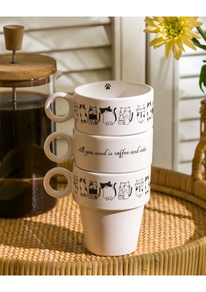 Siyah Baskılı Seramik Kupa Seti 3'lü 365 ml