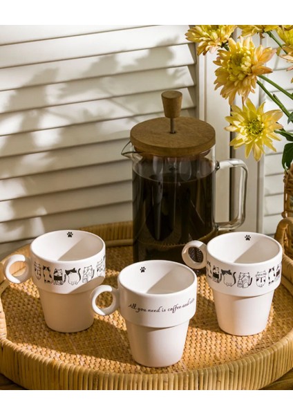 Siyah Baskılı Seramik Kupa Seti 3'lü 365 ml modelleri