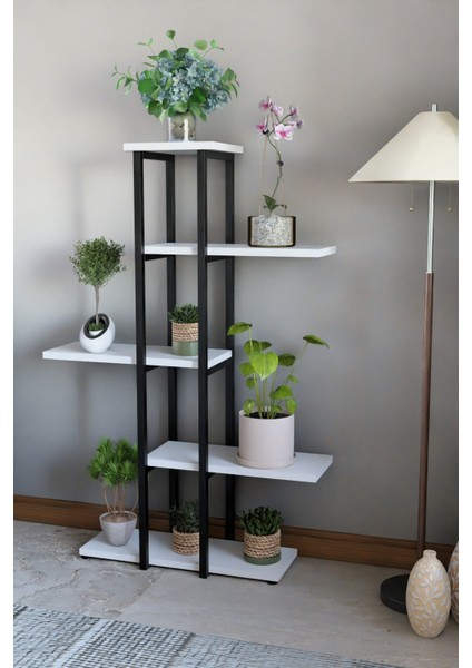 Dekoratif 5 Raflı Metal Çiçeklik, Modern Çok Katlı Saksılık, Bitki Standı, Salon Balkon Saksı Standı Beyaz