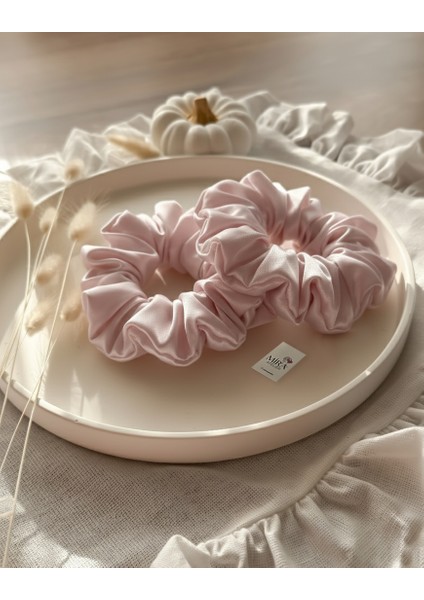 2'li Lüks Kadın Saten Toka - Pudra Düşü - Lastik Model Scrunchie - Anne Kız Kombini