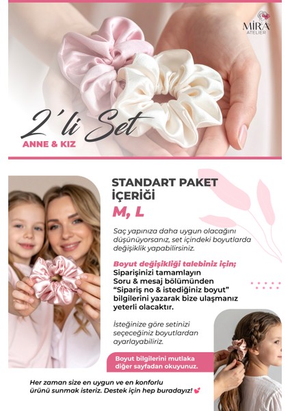 2'li Lüks Kadın Saten Toka - Pudra Düşü - Lastik Model Scrunchie - Anne Kız Kombini modelleri
