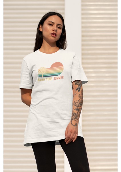 Kadın Enjoy Your Summer Baskılı Oversize T-Shirt