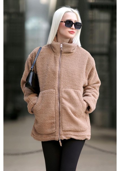 Bej Oversize Fermuarlı Polar Kadın Mont MG2607 modelleri