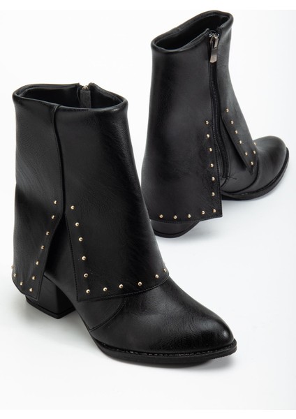 Kadın Sivri Burun Siyah Cilt Detaylı Topuklu Bot