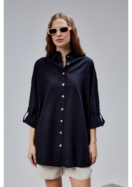 Kadın Apoletli Katlamalı Uzun Kol Oversize Gömlek